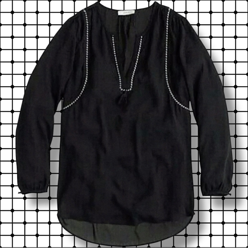 NWOT J. Crew Black & White Split Neck Tassel Trim Popover Tunic Size 6